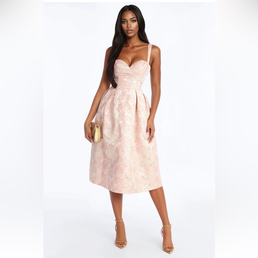 Blush Pink Jacquard Sweetheart Midi Dress